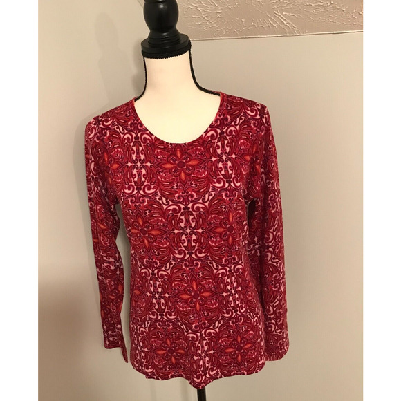 Garnet Hill Sweaters - Garnet Hill Signature Merino Crewneck L/S Pink and Red Print Sweater - MEDIUM